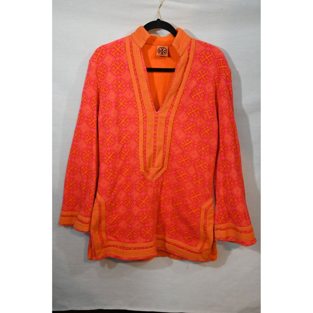Tory Burch Womens Pink & Orange Geometric Cotton Tunic Top Medium Long Sleeve